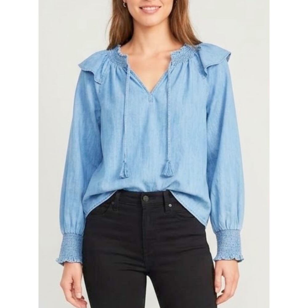OLD NAVY Puff Sleeve Denim Poet Blouse Ruffle Trim Size L NWT!